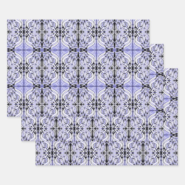 Lila Schwarz-weißes Curly Abstraktes Wiederholmust Geschenkpapier Set (Set)