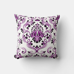 Lila Schwarz-weißes Damask Blumenmuster Elegant Kissen