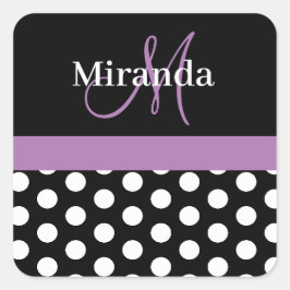 Lila Schwarz-weißes Polka Dot Monogramm Quadratischer Aufkleber