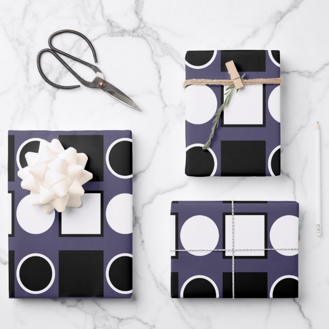 Lila Schwarz-weißes Quadrat Geometrisches Muster Geschenkpapier Set (Vorderseite)