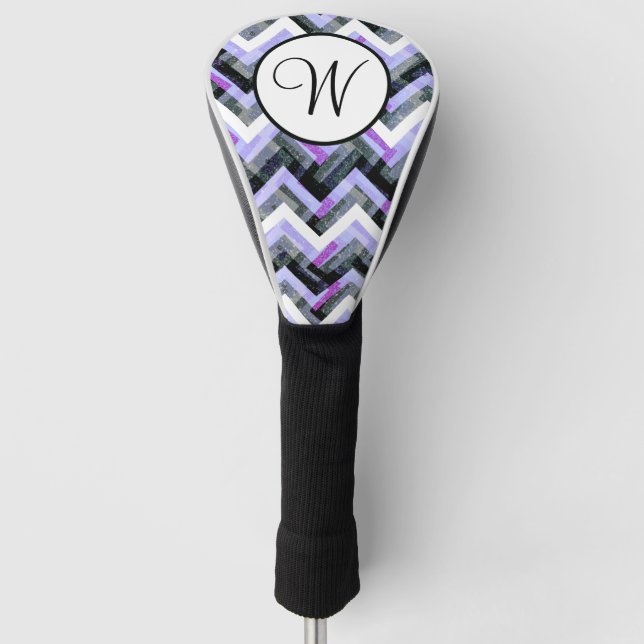 Lila Schwarz-weißes Zickzack texturiertes Monogram Golf Headcover (Vorderseite)