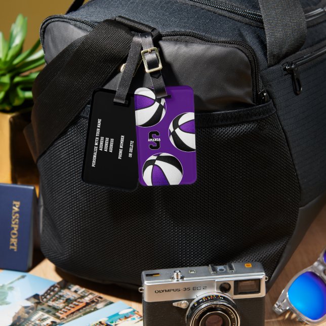lila schwarze Basketballsportler mit Monogramm Gepäckanhänger (Vorderseite & Rückseite)