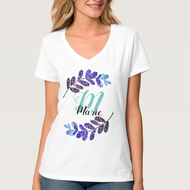 lila  schwarze Blätter in einfachem Blau T-Shirt (Vorderseite)
