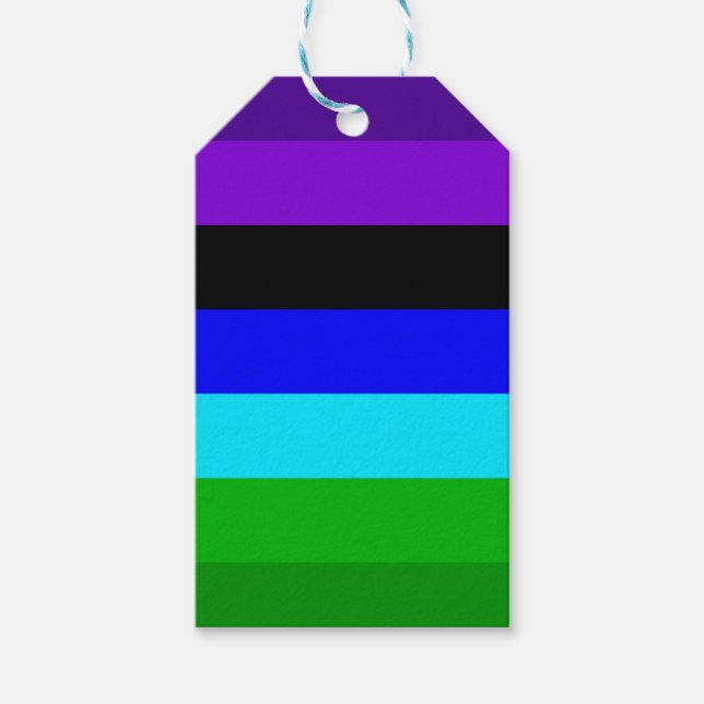 Lila, schwarze, blaue und grüne Streifen Geschenkanhänger (Vorderseite)