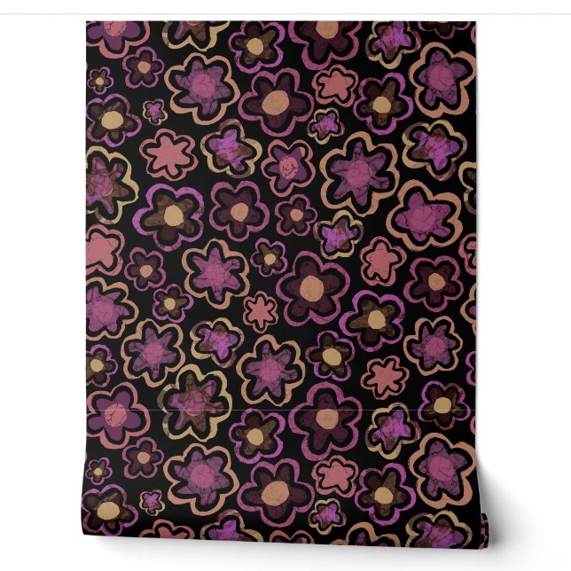 Lila Schwarze Blume Muster Hand Zeichnend Blumen Tapete (Abrollen)