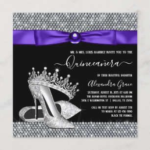 Lila Schwarze Diamant Tiara Schuh Quinceanera Einladung