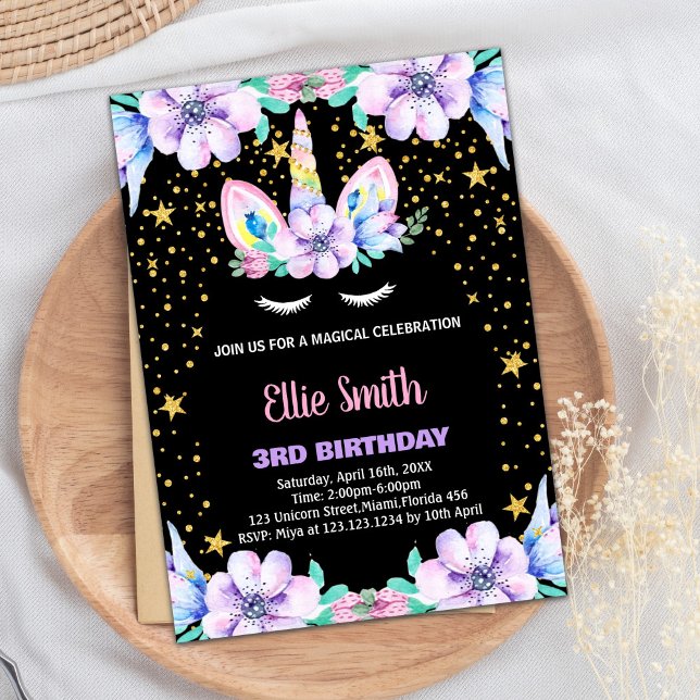 Lila Schwarze Einhorn Einladung zum Geburtstag (Floral Purple Black Unicorn Birthday Invitations)