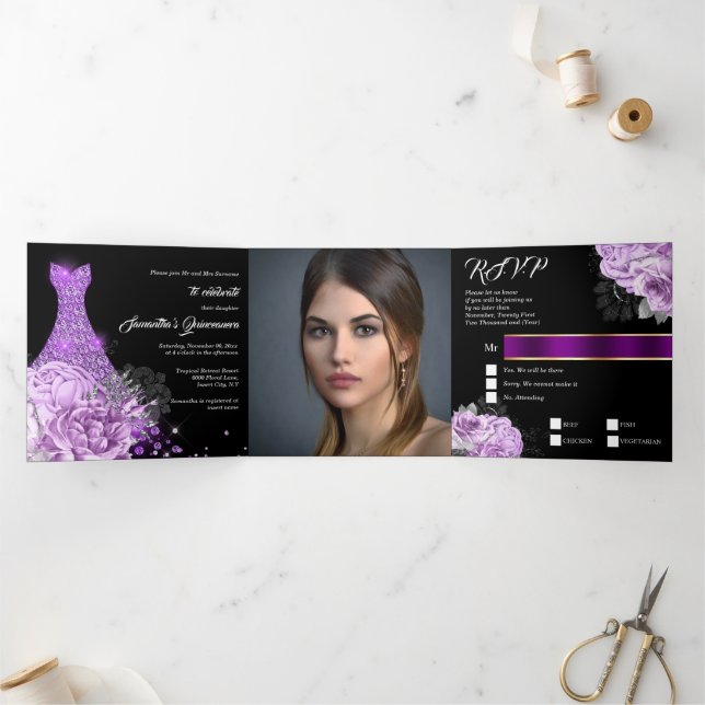 Lila schwarze Frauen FOTO Rose Glitzer Knete Dreifach Gefaltete Einladung (Innenseite)