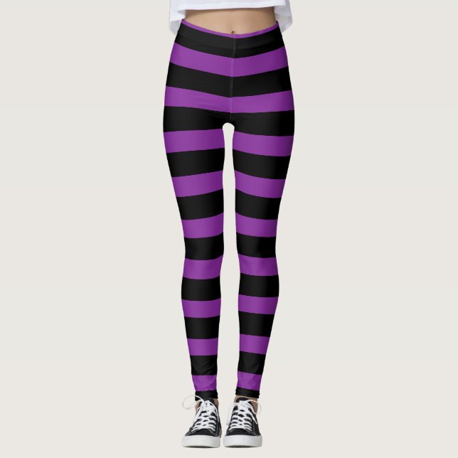 Lila schwarze gestreifte Hexe Halloween Legging Leggings (Vorderseite)