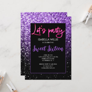 Lila schwarze Glitzern Sweet 16 neon lasse Party Einladung