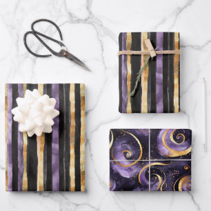 Lila Schwarze Goldene Streifen Wirbel Geburtstag Geschenkpapier Set