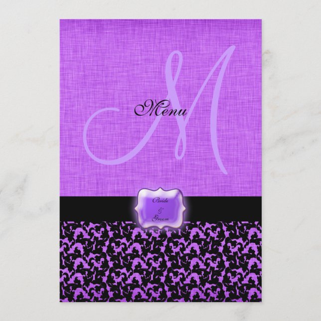 Lila schwarze Hochzeitsmenüschablone Menükarte (Vorderseite)