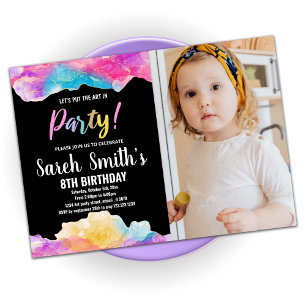 Lila Schwarze Kunst im Party Paint Birthday W Foto Einladung