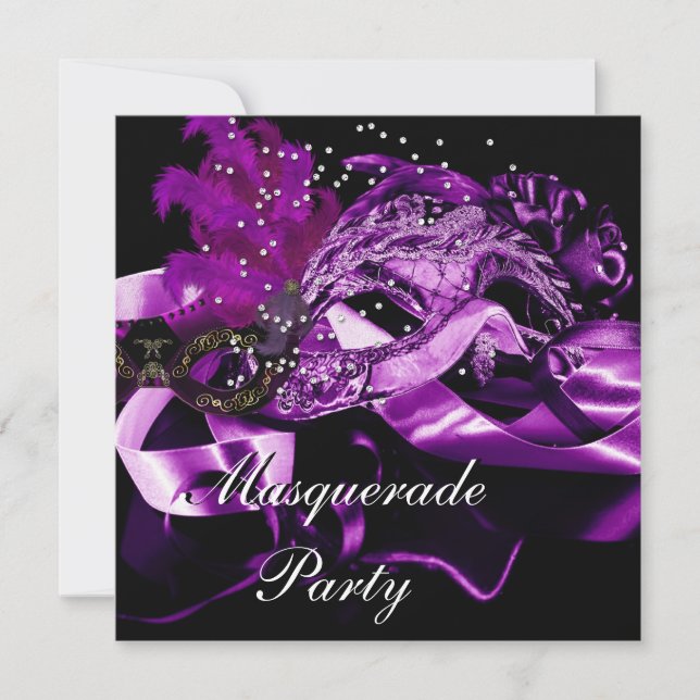 Lila Schwarze Masken Masquerade Ball Party 2 Einladung (Vorderseite)