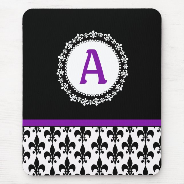 Lila Schwarze Monogramm-Lilie Mousepad (Vorne)