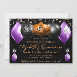 Lila Schwarze, Orange Halloween-Kugeln Quinceanera Einladung