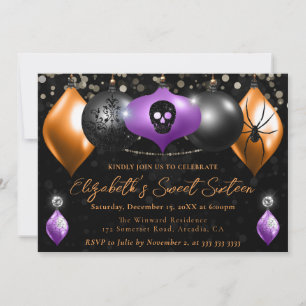 Lila, Schwarze, Orange Halloween-Kugeln Sweet 16 Einladung