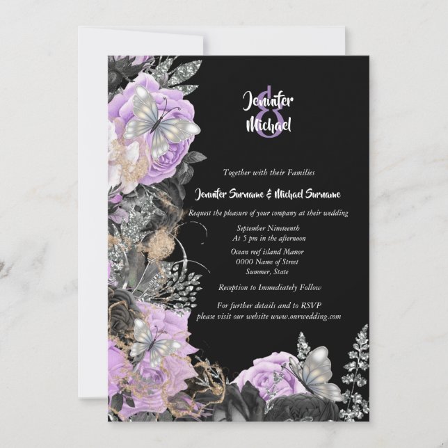 Lila Schwarze Rose Schmetterling elegante Hochzeit Einladung (Vorderseite)