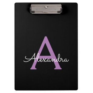 Lila Schwarze Schrift Mädchen-Monogramm-Name Klemmbrett