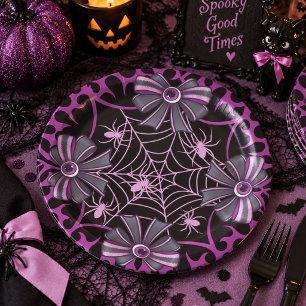 Lila-schwarze Spinnennetz-Schleifen-Halloween Pappteller