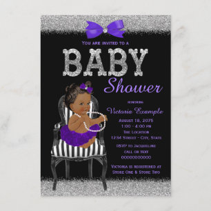 Lila, schwarze und silberne ethnische Mädchen-Baby Einladung