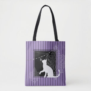 Lila schwarze, weiße Katze und schwarze Streifen Tasche