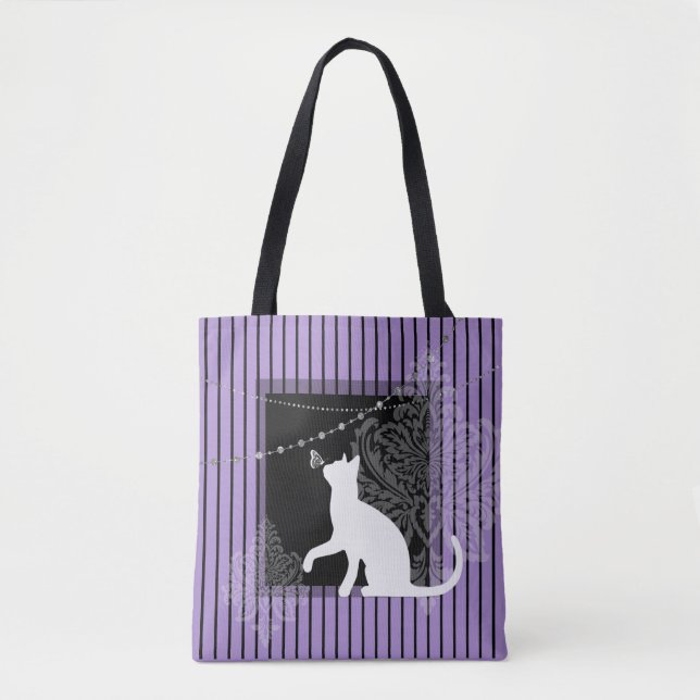Lila schwarze, weiße Katze und schwarze Streifen Tasche (Vorderseite)