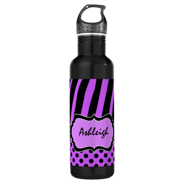 Lila, schwarze, weiße Zebrastreifen Trinkflasche (Vorderseite)