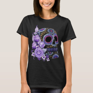 Lila schwarzer Blütenschädel T-Shirt