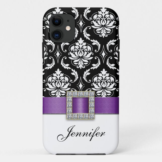 Lila schwarzer Damast Druckband-Juwel Case-Mate iPhone Hülle (Rückseite)