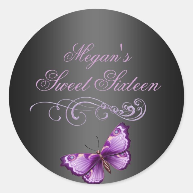 Lila/Schwarzer Schmetterling Sweet 16 Umschlag Auf Runder Aufkleber (Vorderseite)