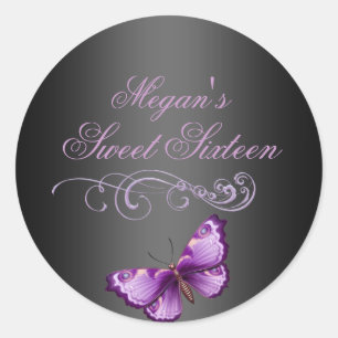 Lila/Schwarzer Schmetterling Sweet 16 Umschlag Auf Runder Aufkleber
