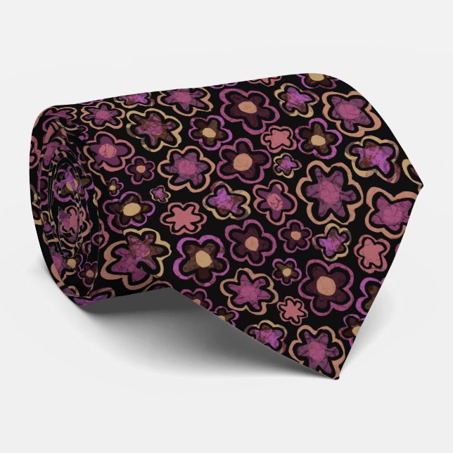 Lila Schwarzes Blume Muster Krawatte (Gerollt)