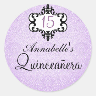 Lila & schwarzes Chic-Damaskus-Quinceañera-Sticker Runder Aufkleber