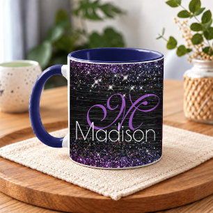 Lila schwarzes gebürstetes Metall Glitter Monogram Tasse