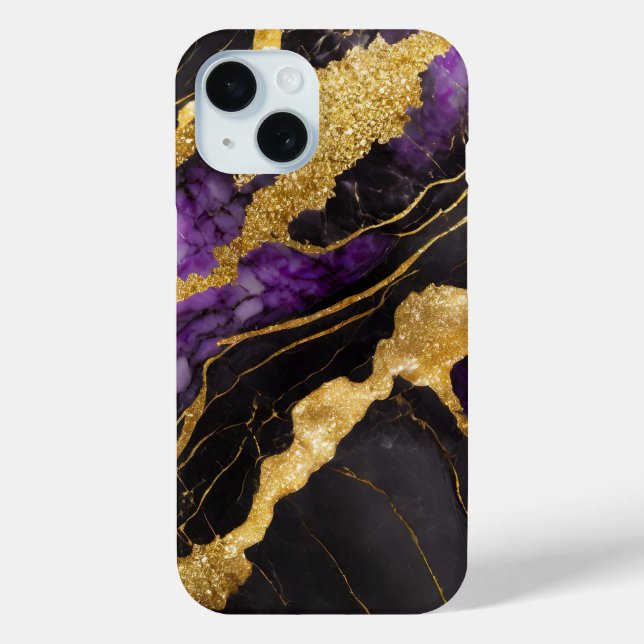 Lila schwarzes Marmormuster mit Gold Case-Mate iPhone Hülle (Rückseite)