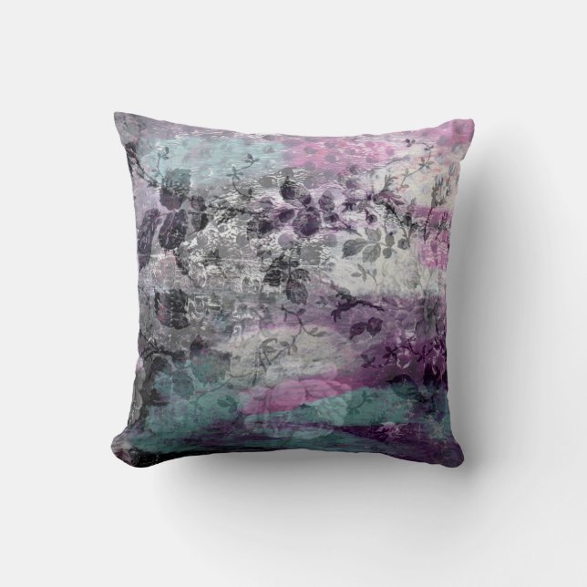 Lila Schwarzes u. Aqua BlumenMonoprint Kissen (Vorderseite)