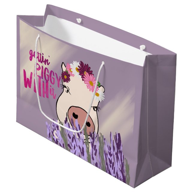 Lila Schwein-und Lavendel-Feld-Geschenk-Tasche Große Geschenktüte (Vorderseite Schrägansicht)