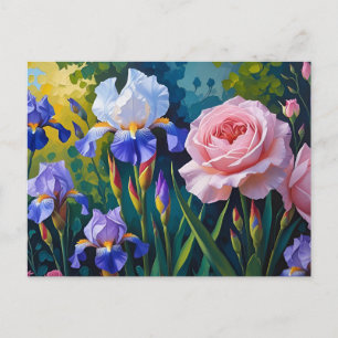 Lila Schwertlilien und Rosen im Sommergarten Postkarte