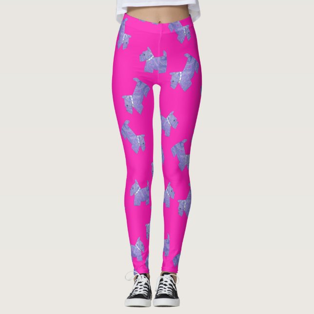 Lila Scottie Terrier Rosa Hintergrund Leggings (Vorderseite)