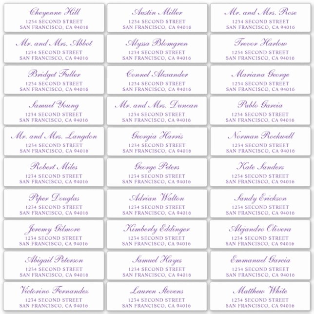 Lila Script Elegant Wedding Guest Address Labels (Vorderseite)