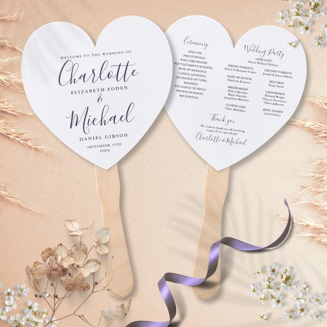 Lila Script-Hochzeitsprogramm Herz Fächer (Purple Script Wedding Program Heart Hand Fan)
