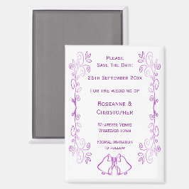 Lila Scroll Design-Hochzeit speichern das Datum Magnet