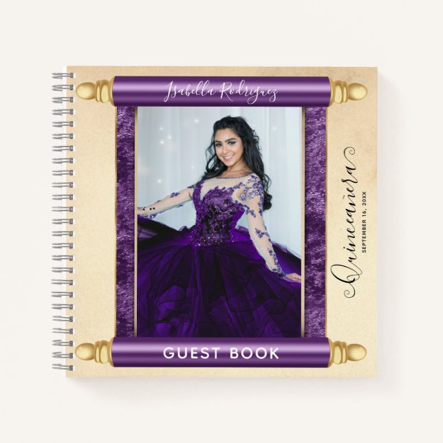 Lila Scroll Foto Budget Quinceñera Gästebuch Notizbuch (Vorderseite)