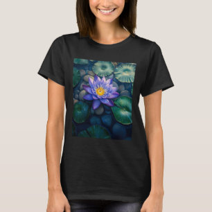 Lila Seerosenblüten und Seerosenblätter auf einem T-Shirt