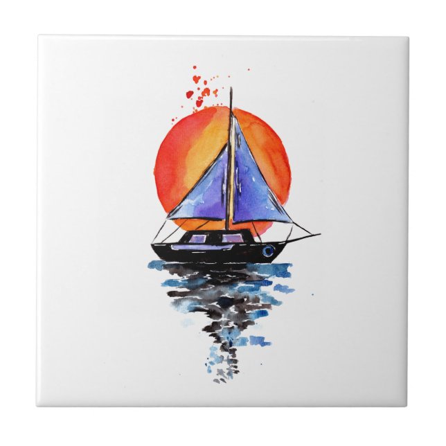 Lila Segelboot Fliese (Vorderseite)