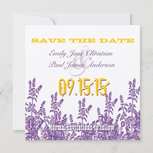 Lila Senf Gelbe Blume Save the Date (Vorderseite)