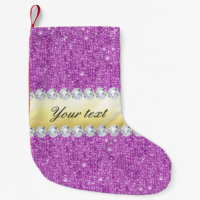Lila Sequins-Goldfolie und -diamanten Kleiner Weihnachtsstrumpf (Vorderseite)