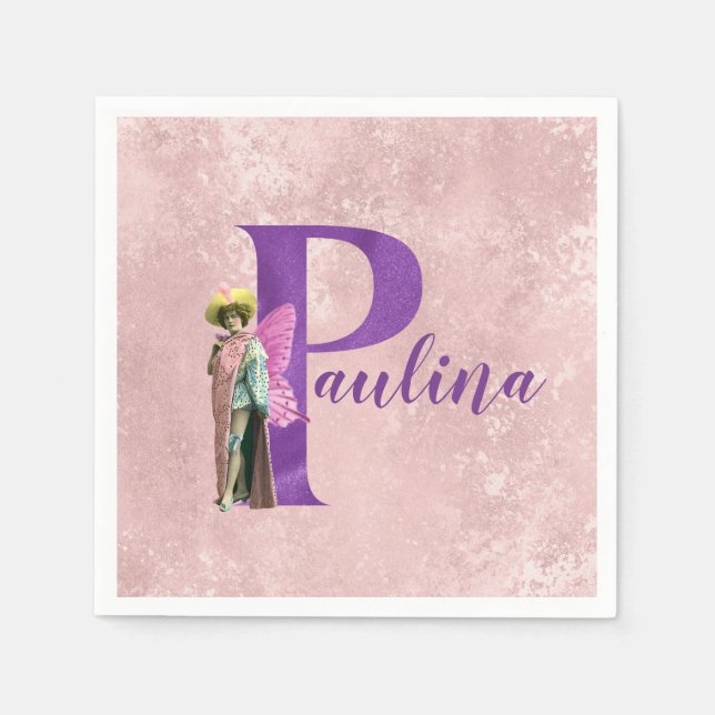 Lila Shimmer Illustrierter Buchstabe P Name Serviette (Vorderseite)