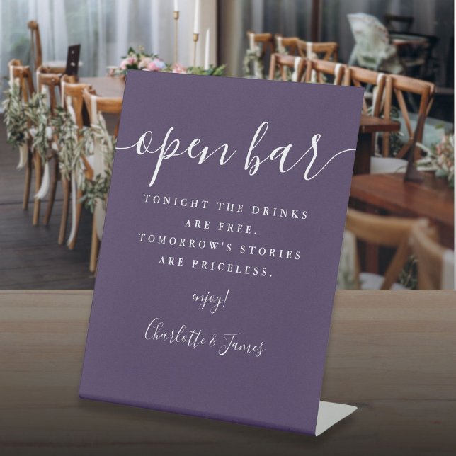 Lila Signature Script Open Bar Sockelschild (Purple Signature Script Open Bar Pedestal Sign)